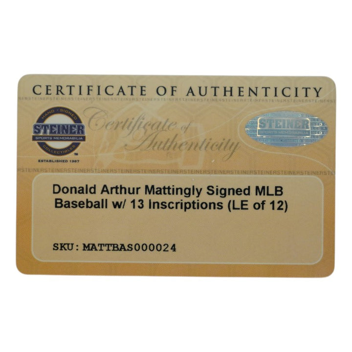Don Mattingly Yankees Autographed Inscribed Stat OMLB Baseball LE 11/12 Steiner COA
