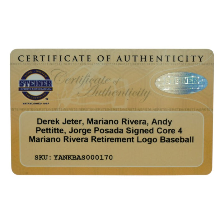 Jeter Rivera Pettitte Posada Yankees Core 4 Autographed Logo Baseball Steiner COA