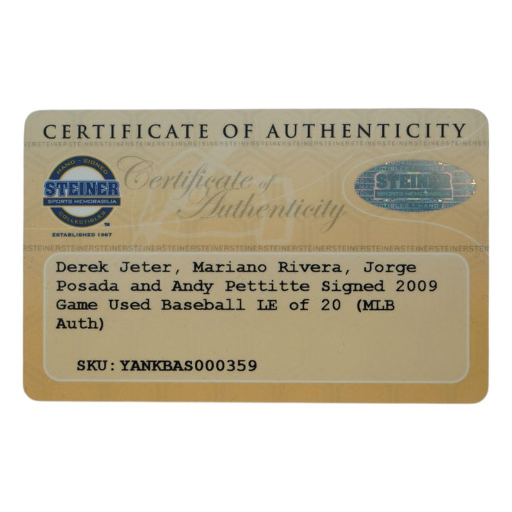 Jeter Rivera Pettitte Posada Yankees Core 4 Signed 09 Game Used Baseball Steiner COA