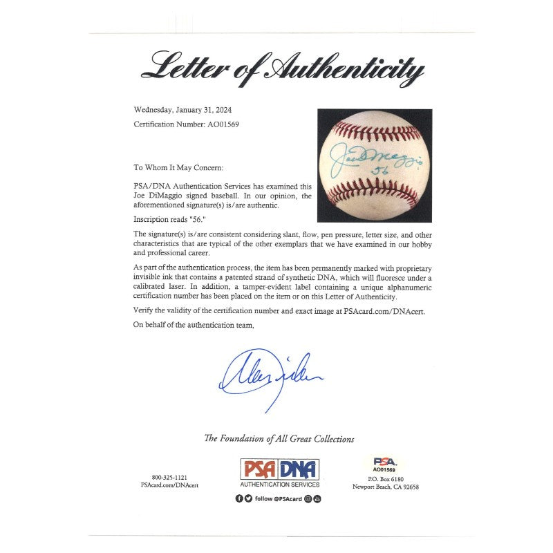 Joe DiMaggio NY Yankees Autographed Inscribed 56 OAL Baseball (PSA LOA)