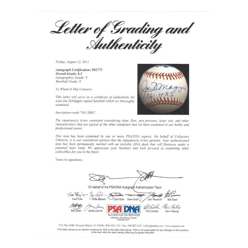 Joe DiMaggio Yankees Autographed Signed Inscribed 361 HR Logo Baseball (PSA LOA)