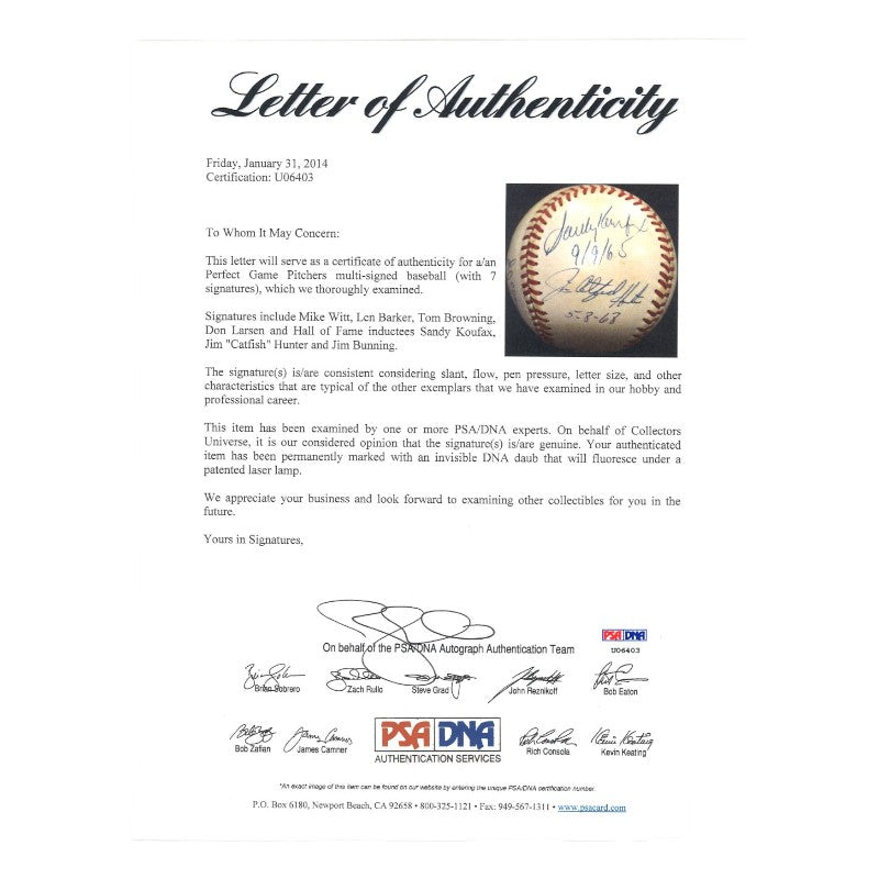 Koufax Larsen Hunter Multi Signed Perfect Game OAL Baseball (PSA LOA)