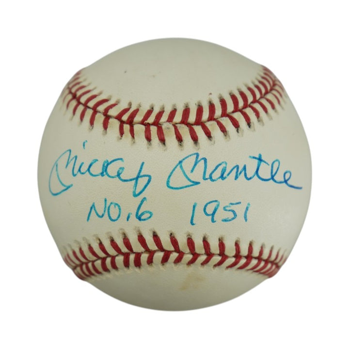 Mickey Mantle New York Yankees Autographed Inscribed No 6 1951 OAL Baseball PSA LOA Graded 7