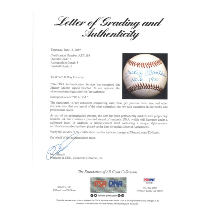 Mickey Mantle New York Yankees Autographed Inscribed No 6 1951 OAL Baseball PSA LOA Graded 7