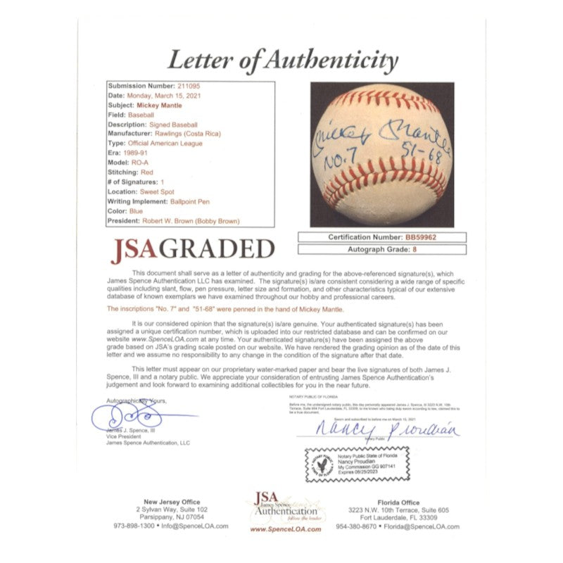 Mickey Mantle New York Yankees Autographed Inscribed No 7 51-68 OAL Baseball JSA LOA Graded 8