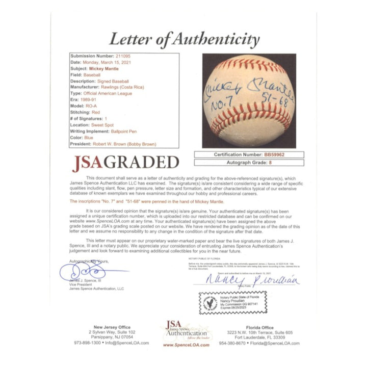 Mickey Mantle New York Yankees Autographed Inscribed No 7 51-68 OAL Baseball JSA LOA Graded 8