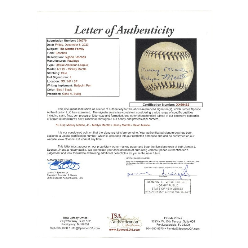 Mickey Jr Merlyn Danny David Mantle Family Autographed Mickey Mantle #7 Logo Baseball JSA LOA