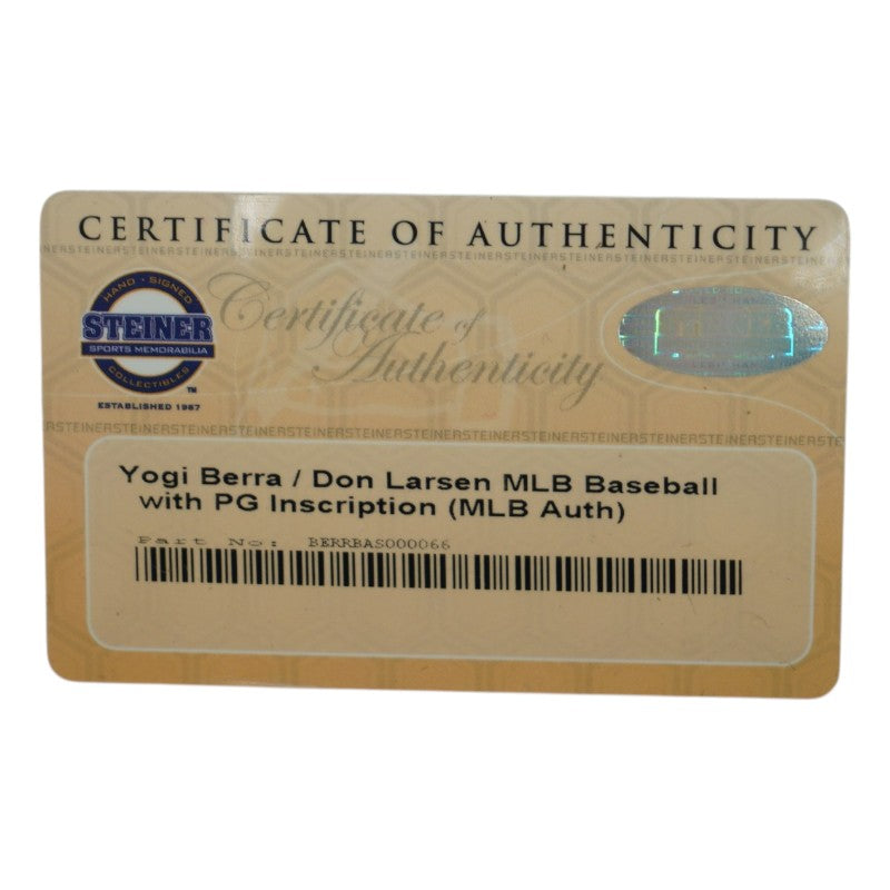 Yogi Berra Don Larsen New York Yankees Dual Signed Inscribed OMLB Baseball Steiner COA/MLB