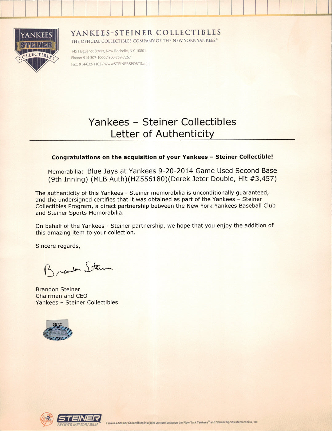 Derek Jeter Autographed Signed Toronto Blue Jays at New York Yankees 9/20/2014 Game Used Second Base (9th Inning) (Steiner LOA & MLB Auth)