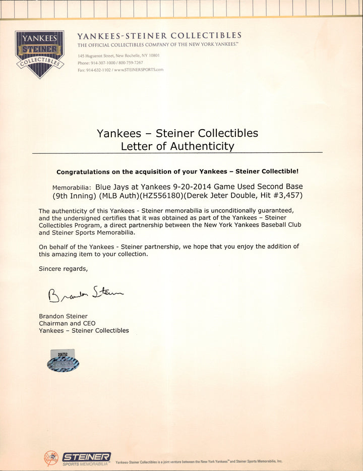 Derek Jeter Autographed Signed Toronto Blue Jays at New York Yankees 9/20/2014 Game Used Second Base (9th Inning) (Steiner LOA & MLB Auth)