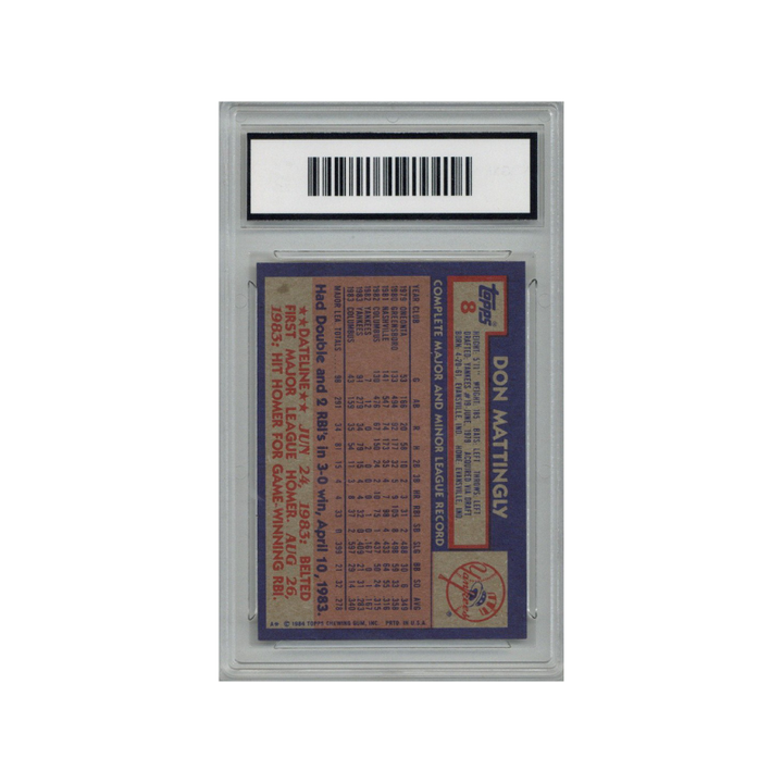 Don Mattingly New York Yankees 1984 Topps #8 Rookie RC GMA 10 Card