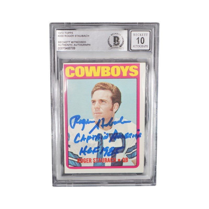 Roger Staubach Signed Inscribed 1972 Topps #200 Rookie Beckett Grade 10 Auto