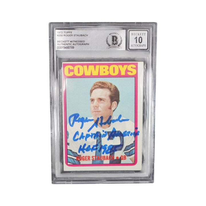 Roger Staubach Signed Inscribed 1972 Topps #200 Rookie Beckett Grade 10 Auto
