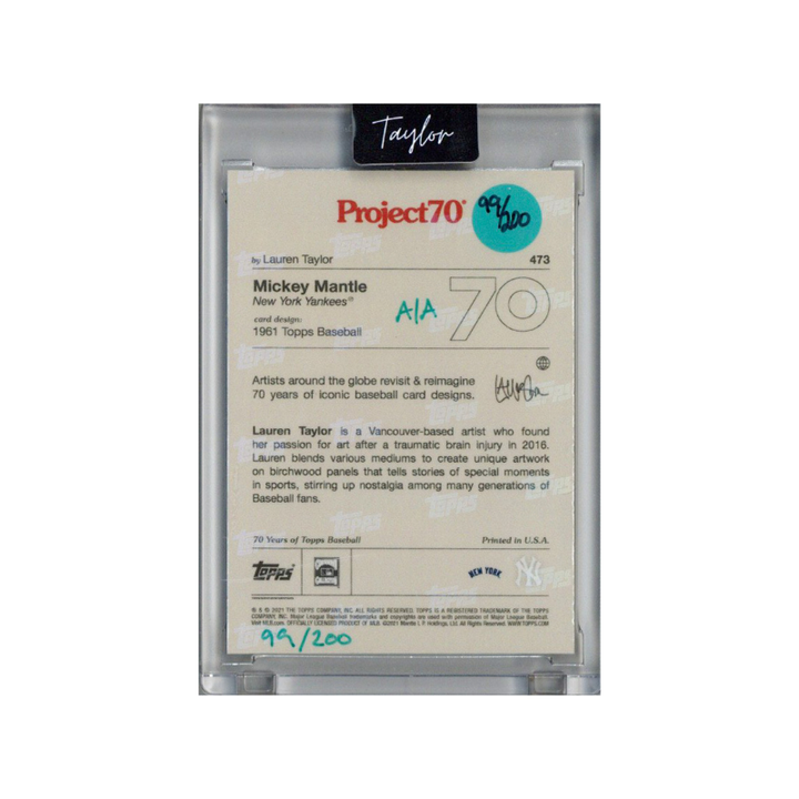 Mickey Mantle New York Yankees 2021 Topps Project 70 473 Lauren Taylor Teal Artist Auto #99/200