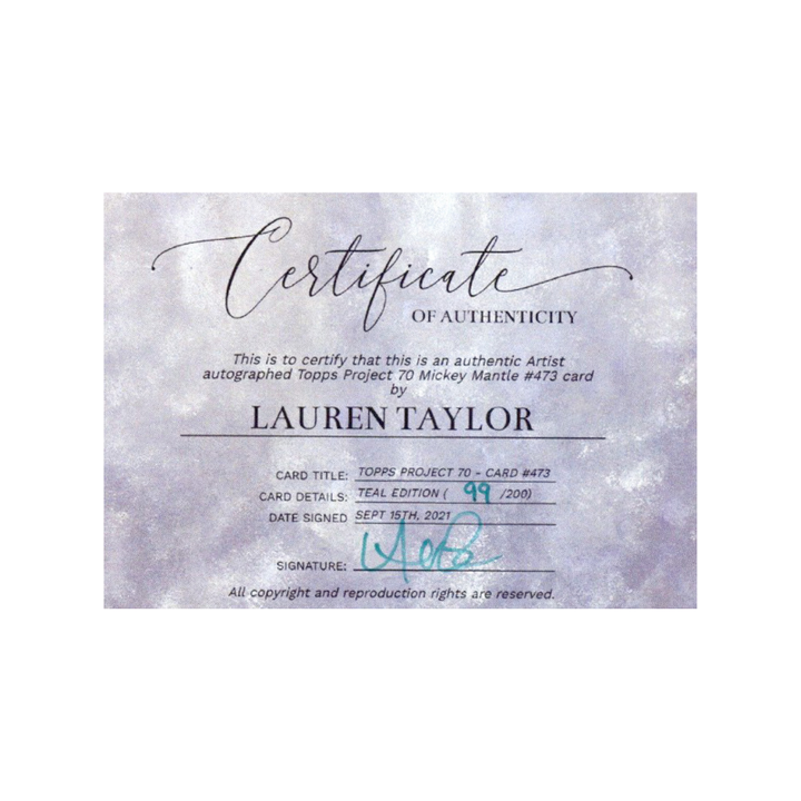 Mickey Mantle New York Yankees 2021 Topps Project 70 473 Lauren Taylor Teal Artist Auto #99/200