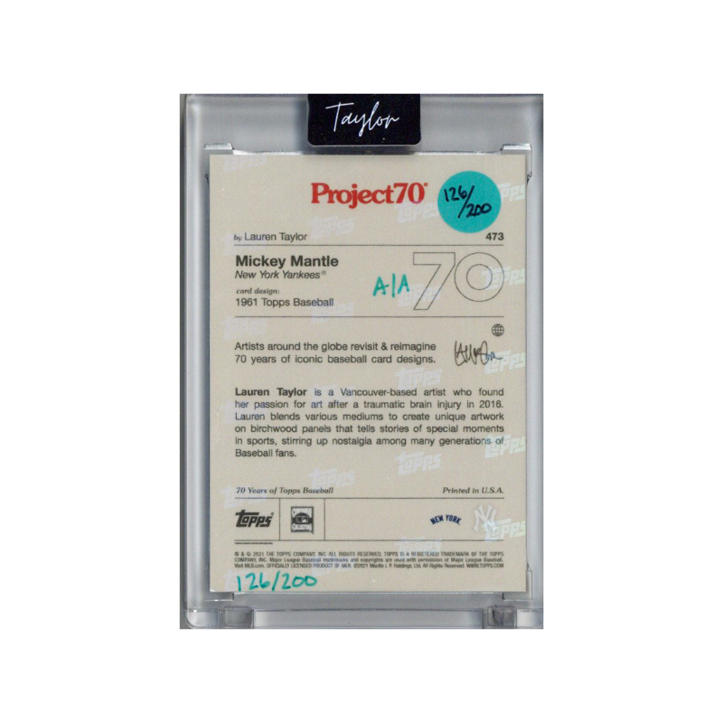Mickey Mantle New York Yankees 2021 Topps Project 70 473 Lauren Taylor Teal Artist Auto #126/200