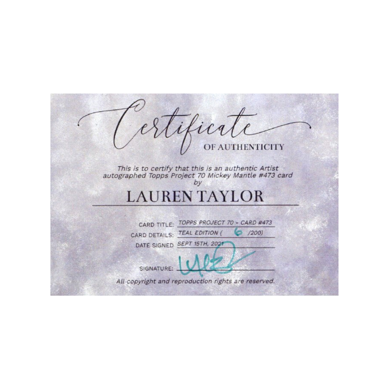 Mickey Mantle New York Yankees 2021 Topps Project 70 473 Lauren Taylor Teal Artist Auto #6/200