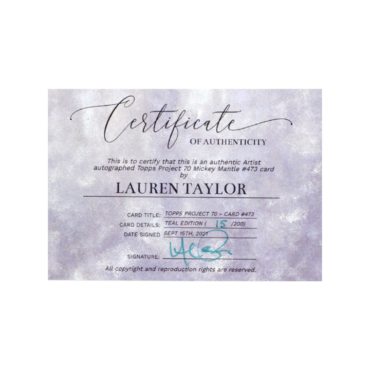 Mickey Mantle New York Yankees 2021 Topps Project 70 473 Lauren Taylor Teal Artist Auto #15/200