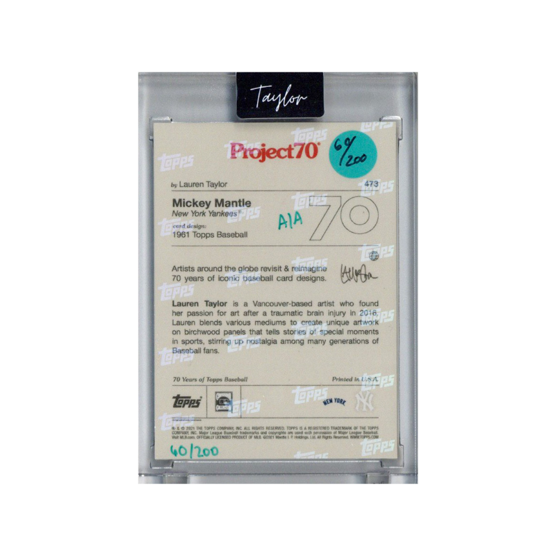 Mickey Mantle New York Yankees 2021 Topps Project 70 473 Lauren Taylor Teal Artist Auto #60/200