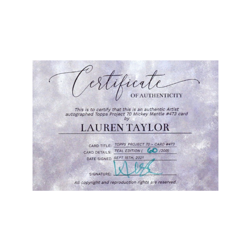 Mickey Mantle New York Yankees 2021 Topps Project 70 473 Lauren Taylor Teal Artist Auto #60/200