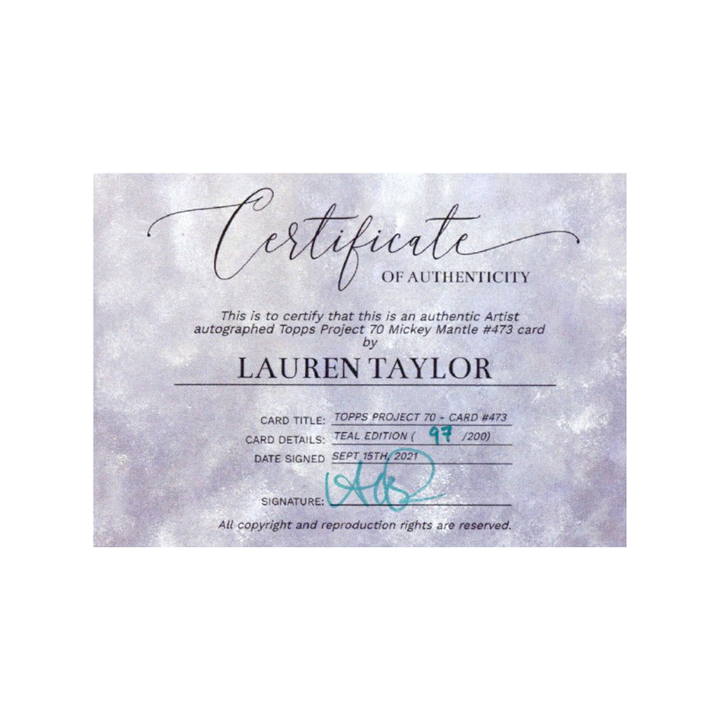 Mickey Mantle New York Yankees 2021 Topps Project 70 473 Lauren Taylor Teal Artist Auto #97/200