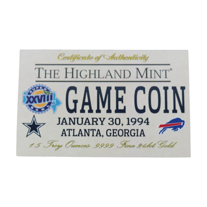 Dallas Cowboys Buffalo Bills SB XXVIII Highland Mint Gold Game Coin LE 1/22