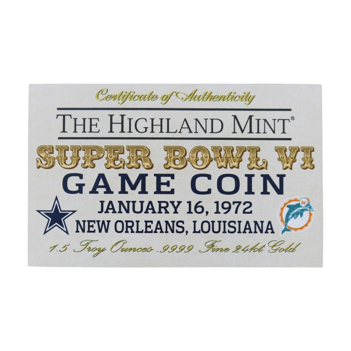 Dallas Cowboys Miami Dolphins SB VI Highland Mint Gold Game Coin LE 1/22