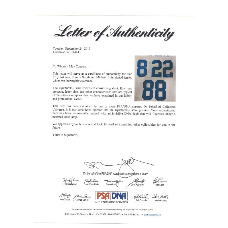 Aikman Smith Irvin Dallas Cowboys Triplets Autographed Custom White Jersey PSA LOA