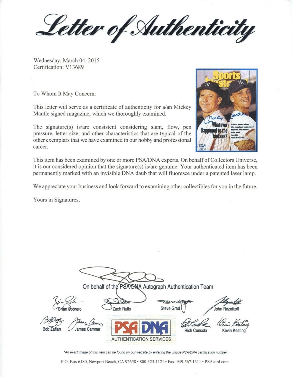 Mickey Mantle New York Yankees Autographed Signed May 27th, 1991 Sports Illustrated Magazine (PSA LOA)