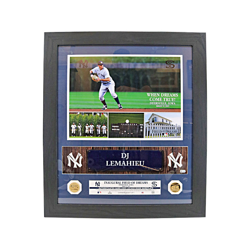 DJ Lemahieu New York Yankees Field Of Dreams Game Used Locker Room Nameplate Framed Photo Coin Mint Collage LE #1/1 (MLB Auth)
