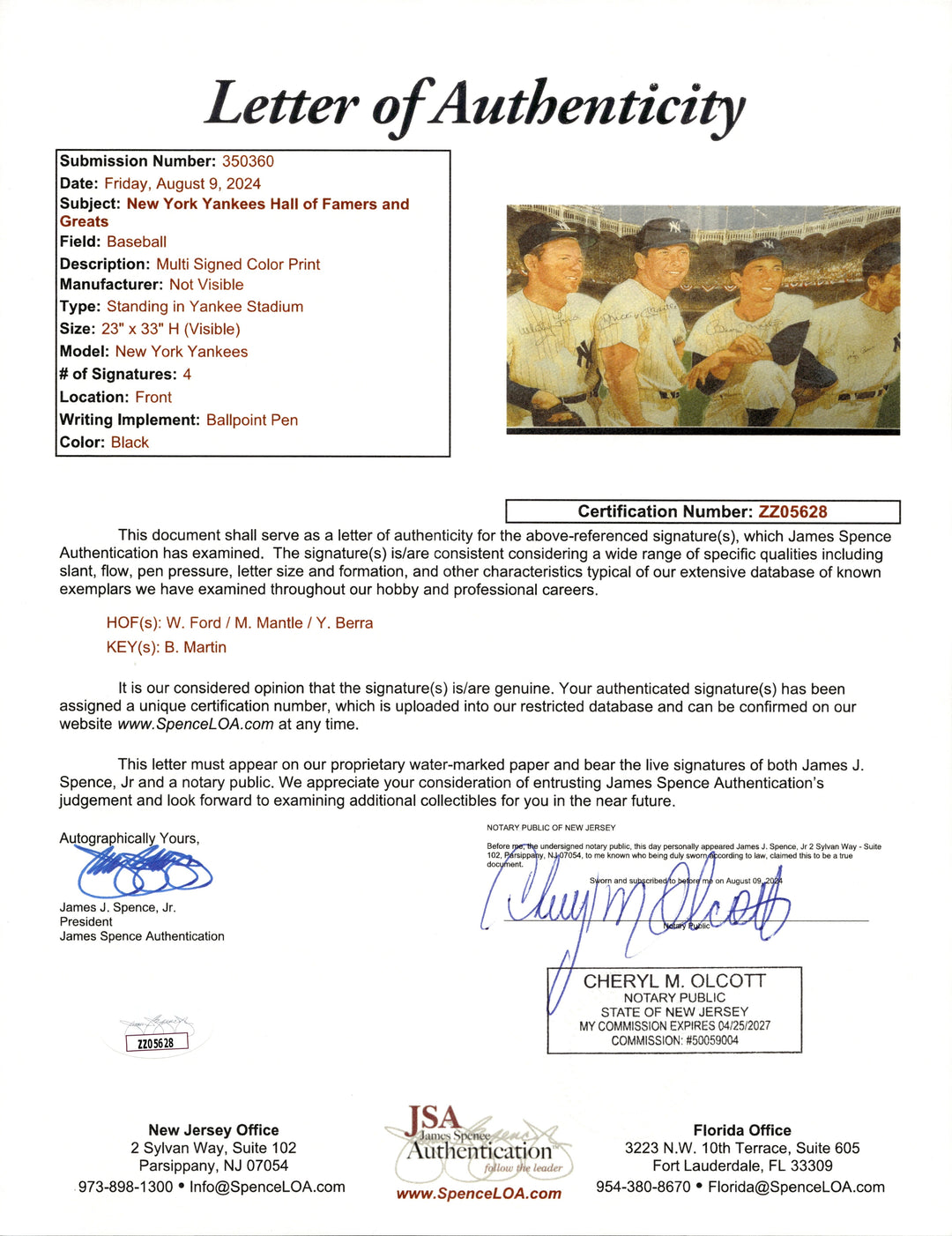 Mantle, Ford, Martin, Berra New York Yankees Multi-Signed Framed Lithograph (JSA LOA)
