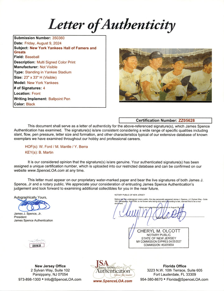 Mantle, Ford, Martin, Berra New York Yankees Multi-Signed Framed Lithograph (JSA LOA)