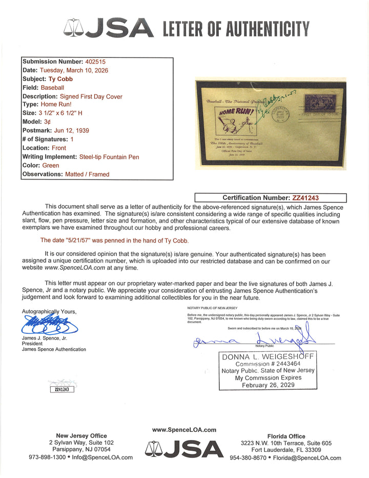 Ty Cobb Detroit Tigers Autographed Framed First Day Cover JSA LOA