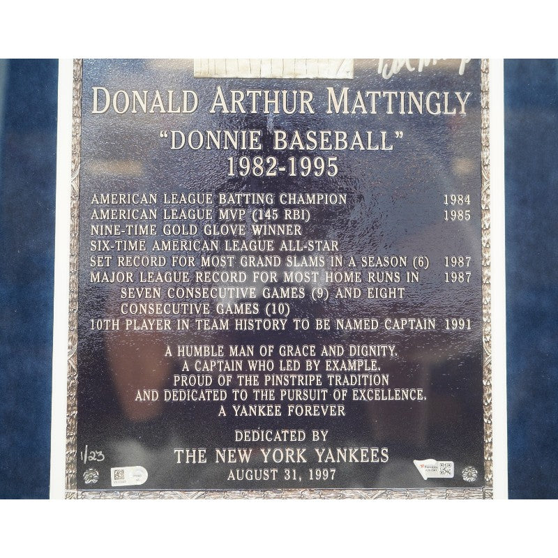 Don Mattingly New York Yankees Autographed Framed Monument Park 9x14 Photo Mint Collage LE 1/23 Fanatics/MLB Auth