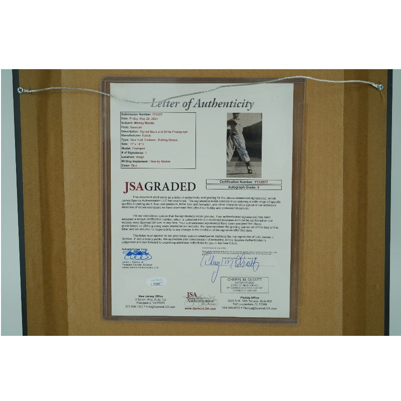 Mickey Mantle New York Yankees Autographed Inscribed Framed 11x14 Photo JSA LOA Auto Grade 9