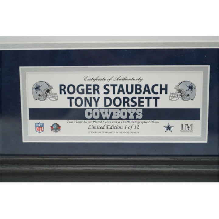 Staubach Dorsett Dallas Cowboys Autographed Framed 16x20 Photo Beckett COA