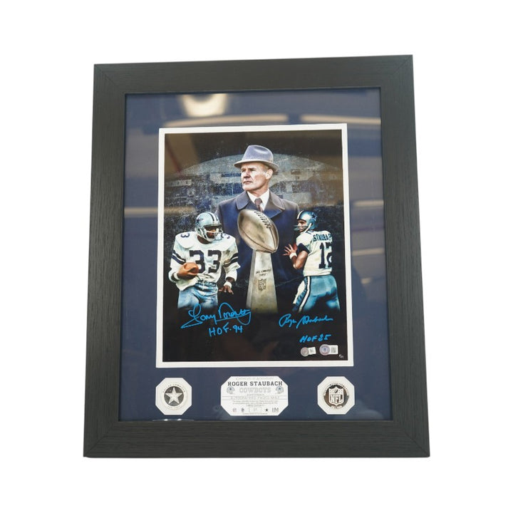 Staubach Dorsett Dallas Cowboys Autographed Inscribed Framed 11x14 Photo Mint Collage Beckett Auth