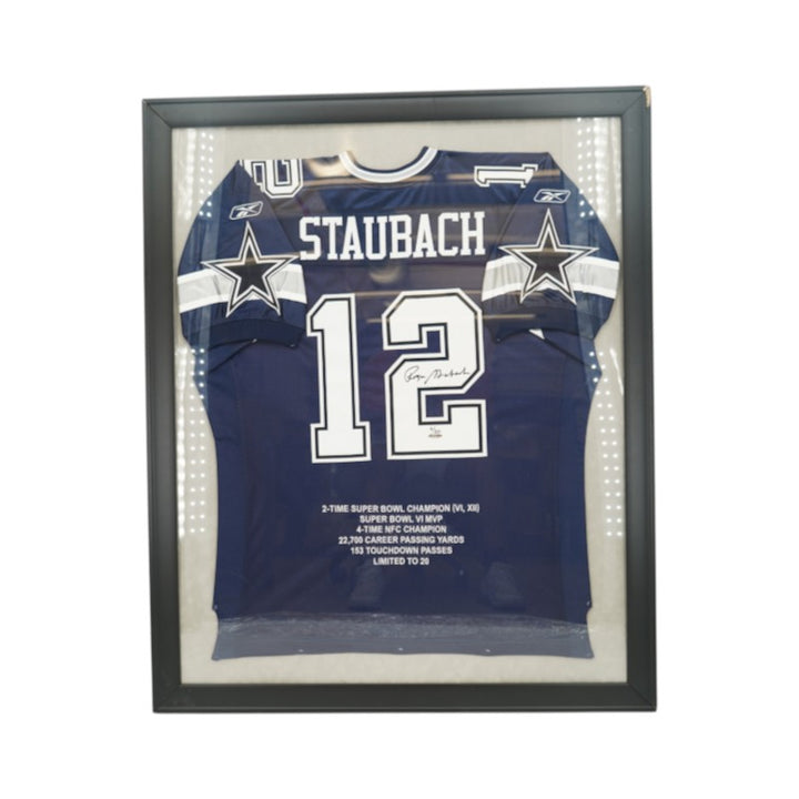 Roger Staubach Dallas Cowboys Autographed Framed Blue Reebok Stat Jersey LE 6/20 UDA COA