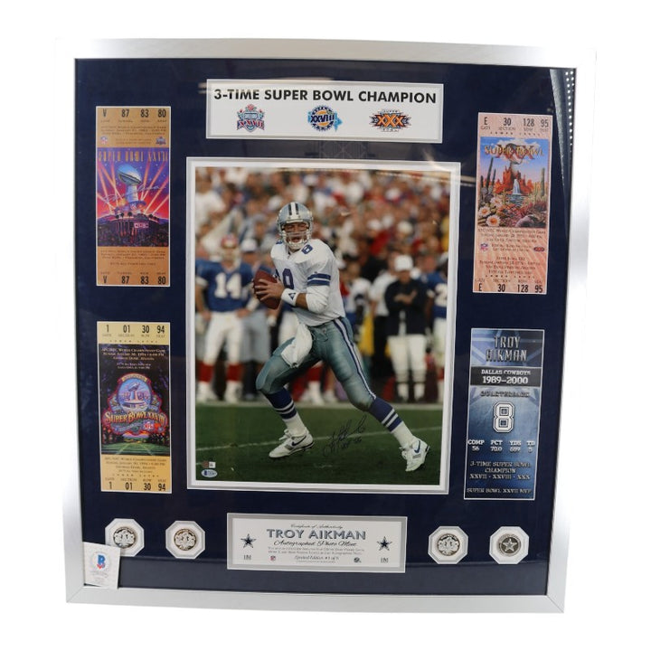 Troy Aikman Cowboys Signed Inscribed Framed 16x20 Ticket Photo Mint Collage Beckett COA LE 