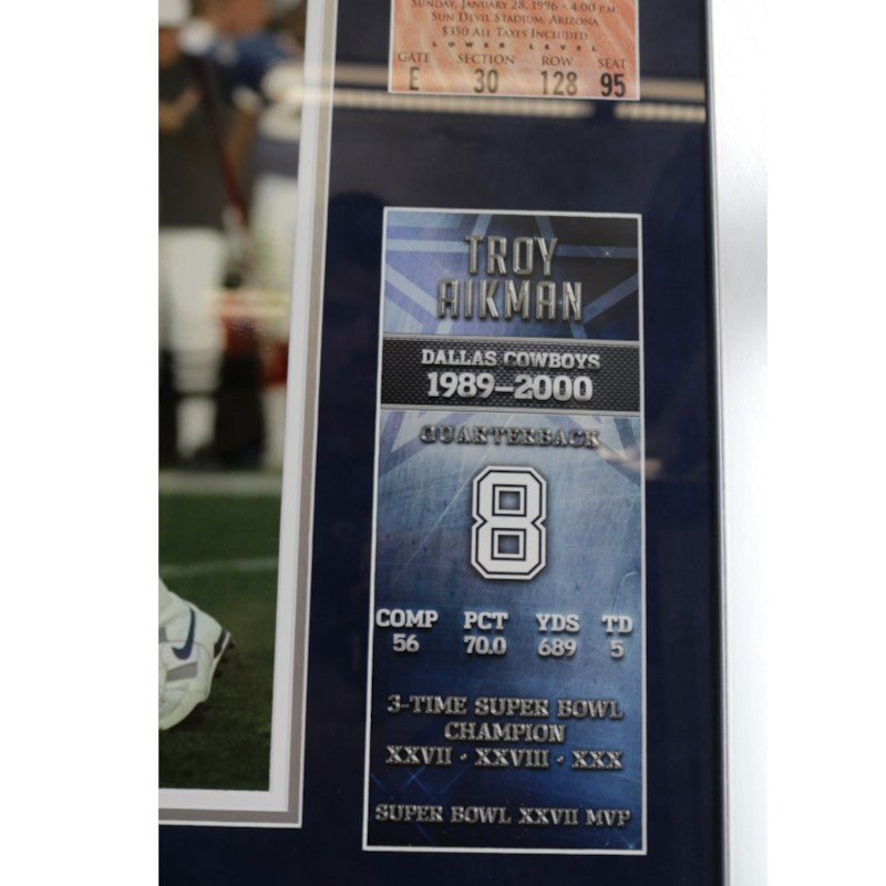 Troy Aikman Cowboys Signed Inscribed Framed 16x20 Ticket Photo Mint Collage Beckett COA LE