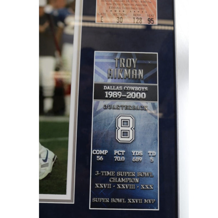 Troy Aikman Cowboys Signed Inscribed Framed 16x20 Ticket Photo Mint Collage Beckett COA LE