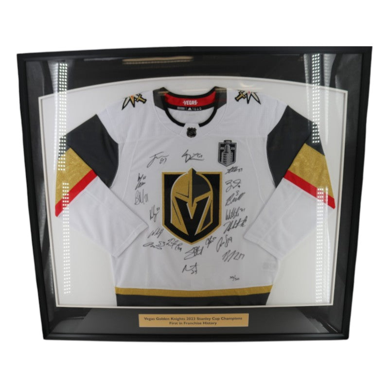 Vegas Golden Knights 2023 SC Champs Multi Signed Framed White Adidas Jersey 18 Sigs Fanatics Auth
