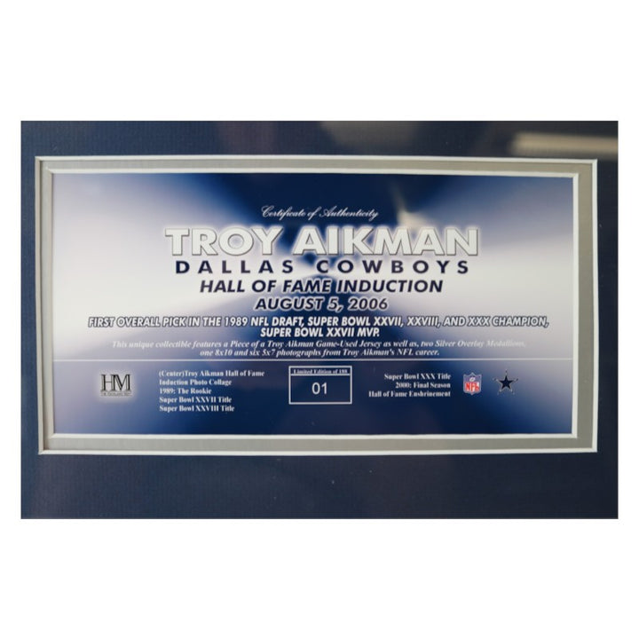 Troy Aikman Cowboys Framed 8x10 Photo Mint Collage with GU Jersey Piece LE 1/188 HM COA