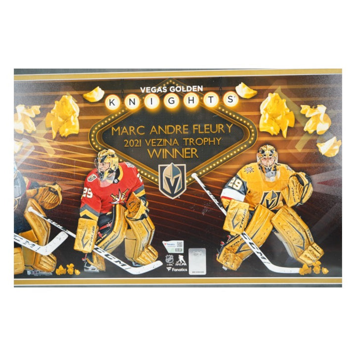 Marc-Andre Fleury VGK Signed Framed 10x30 Vezina Winner Fanatics Holo LE 9/129