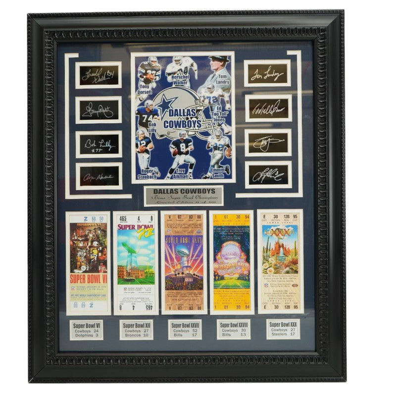 Aikman Smith Staubach Dallas Cowboys Facsimile Signed Framed 8x10 Photo Ticket Collage LE 18/500