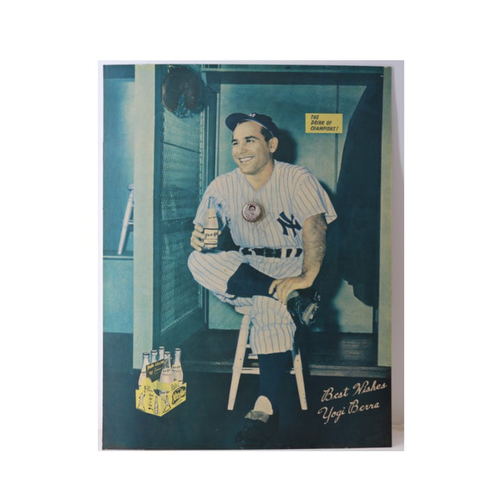 Yogi Berra NY Yankees Signed Inscribed 17x23 Photo with Yoohoo Bottle Cap