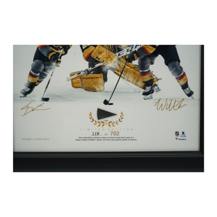Stone Karlsson Fleury VGK Facsimile Signed Framed 13x15 Photo with GU Puck Piece LE 118/702 NHL COA