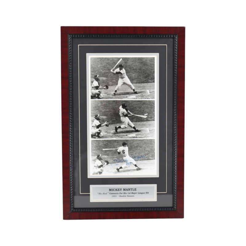 Mickey Mantle New York Yankees Autographed Inscribed Framed 1st Hit 8x14 Collage SGC COA