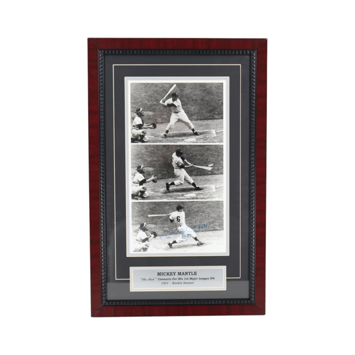 Mickey Mantle New York Yankees Autographed Inscribed Framed 1st Hit 8x14 Collage SGC COA