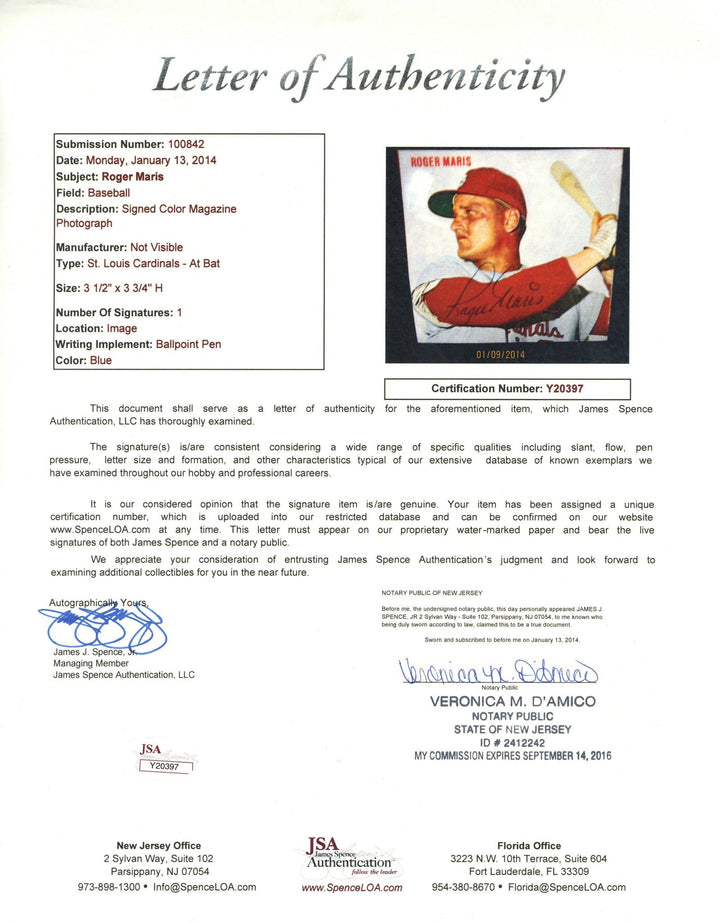 Roger Maris St. Louis Cardinals Autographed Signed 4x6 Magazine Photo (JSA LOA)